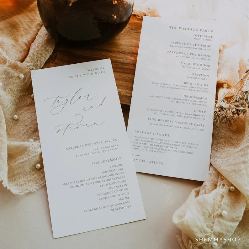 Online Romantic Calligraphy Program Printable Template, Printable Program Template, Wedding Printable, PDF JPG PNG #Y22-WP3