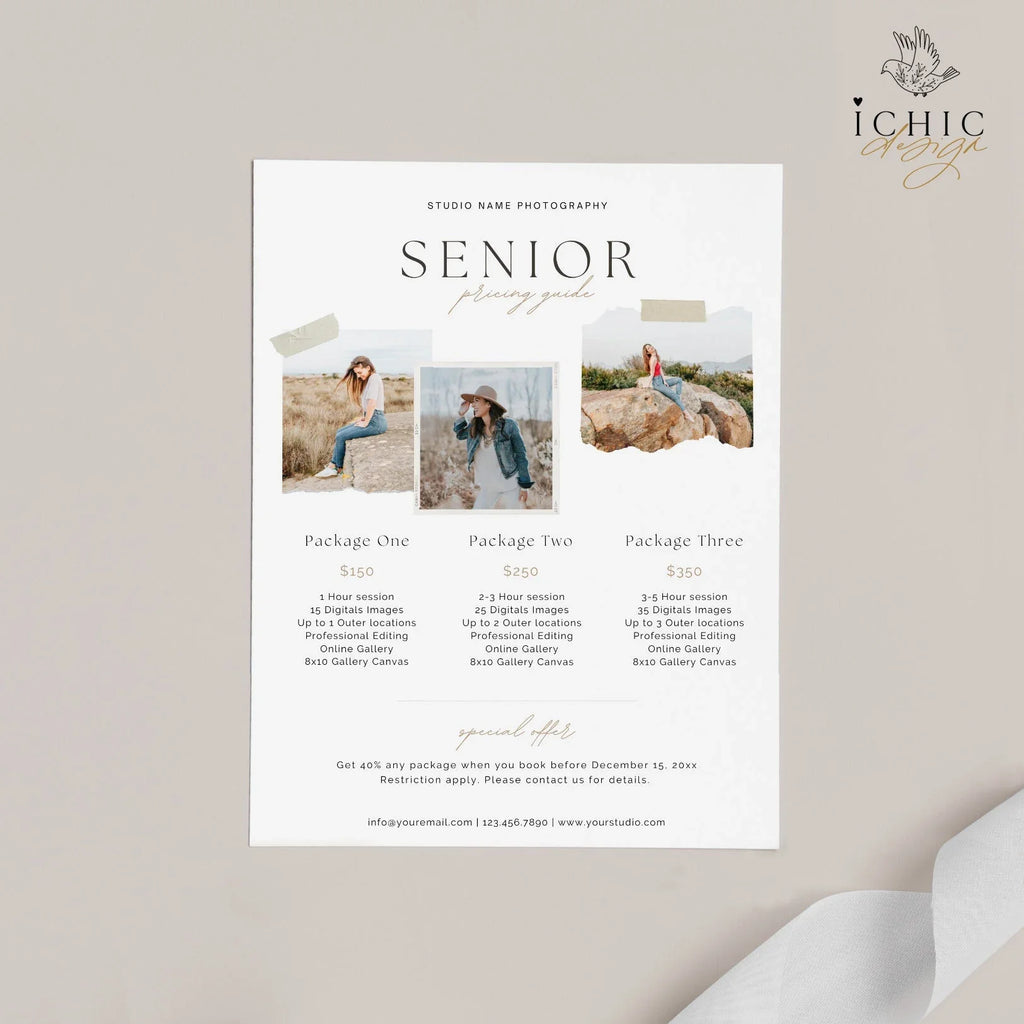 CANVA Senior Photography Pricing Template, Price Guide List for Photographers, Photography, Price Guide Template, Senior Minis #Y23-PG2-CANVA